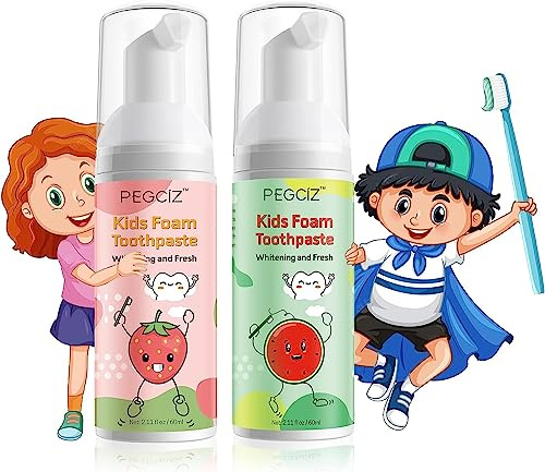 Zahnpasta Kinder Schaumzahnpasta für Kinder 2 x 60 ml, Besondere Kariesschutz für Milchzähne Kinderzahnpasta ohne Fluorid, Zahnaufhellung Zahnpasta für Kinder(Erdbeere+Wassermelone)