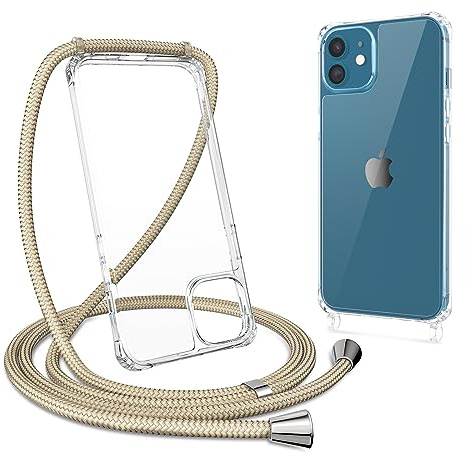ZTOFERA Crossbody Lanyard Case for iPhone 12 / iPhone 12 Pro (6.1), Ultra Clear Hard Back with Soft Bumper Protective Phone Case with Strap Adjustable Neck Cord Necklace Shockproof Cover, Khaki