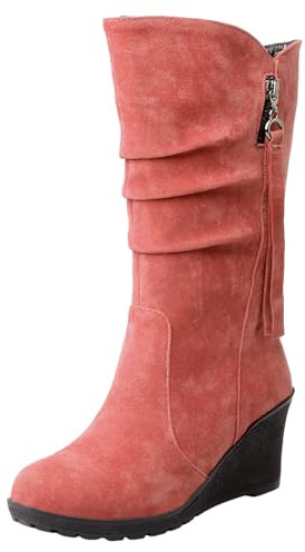 rismart Botas Slouch Mujer Media Pantorrilla Tacón Cuña Forro Fino de Piel Ante Zapatos de Invierno