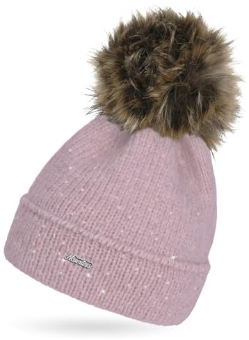 Neverless® Damen Strick-Mütze mit Fellbommel und Innenfutter Fleece Kunstfell Bommelmütze Glitzer-Effekt Umschlag