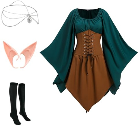 NFAOEGJ Abito da donna medievale – Costume tradizionale irlandese gotico per Halloween, cosplay rinascimentale, con orecchie da elfo, accessori per capelli, calzini sopra il ginocchio (marrone, M)