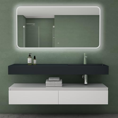 Mai & Mai Badmöbelset Waschtisch mit Unterschrank Weiß matt 150x48x25cm mit Soft-Close Schubladen inkl. Mineralguss-Waschbecken in matt Anthrazit und LED-Badspiegel UP