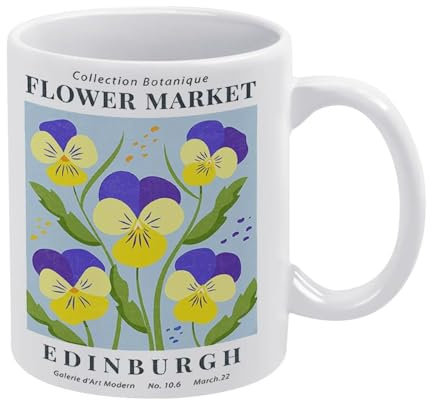 Minimalistische Galerie-Tasse mit Blumenmarktdruck, botanischer Frühlingsblumentasse, Edinburgh Stiefmütterchen, weiße Tasse, lustige Kaffeetasse, das beste Geschenk für Kollegen, Eltern und