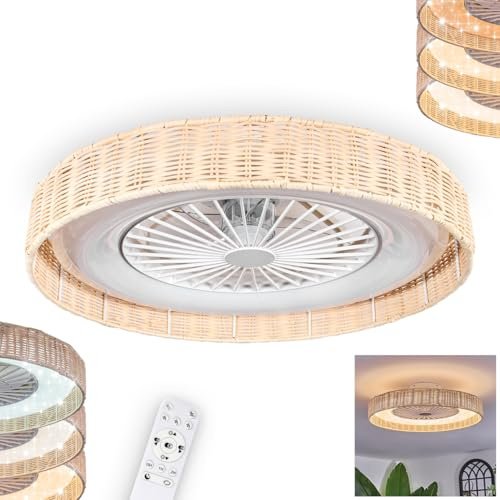 LED Deckenventilator Benasal, Ventilator aus Kunststoff/Rattan in Weiß/Natur/Glitzereffekt, Boho Deckenleuchte, Ø 55cm, Fernbedienung, Kelvin einstellbar mit CCT, 40 Watt, 1700 Lumen, 3000-6500 Kelvin