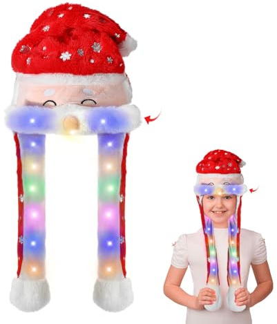 Leuchtende Weihnachtsmütze Beweglichen Ohren, Plüsch Nikolausmütze LED Mütze mit Licht Beweglichen Bart, Tanzende Weihnachtsmütze Lustige Erwachsene Kinder für Weihnachtsparty Geschenk Cosplay
