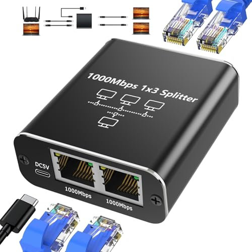 Oblinple Switch Ethernet 3 Ports, 1000Mbps Repartiteur RJ45 1 à 3 avec Cable d'alimentation de Type C, Gigabit Multiprise LAN Splitter, Adaptateur Network pour Ordinateur Hub Routeur Télévision