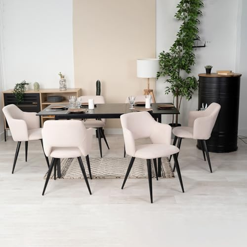 MEUBLE COSY Esstisch mit 6 Esszimmerstühle, Essgruppen, 7er-Set, Ausziehbarer Esstisch, Küchentisch mit 6 Essstühlen, Stahlgestell, für Esszimmer Küche Wohnzimmer, Schwarz + Beige