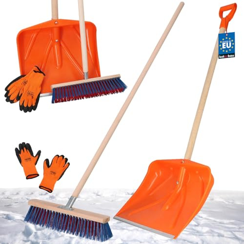 KOTARBAU® Juego de pala de nieve con mango de madera de 136 cm, escoba de carretera de 43 cm + guantes quitanieves para nieve, escoba de jardín con mango exterior, pala de nieve para coche, mango de
