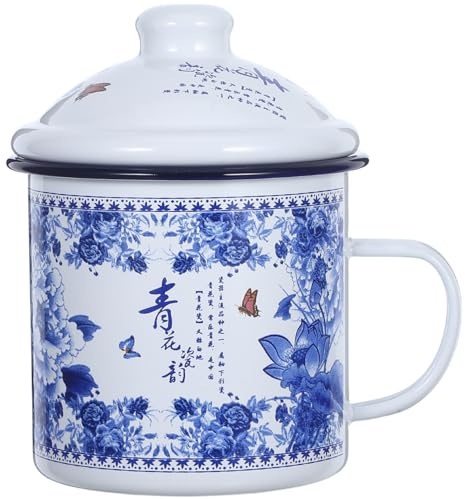 Ciieeo Vintage Enamel Mug with Lid 17Oz Large Reusable Porcelain Cup for Home Office Outdoor Camping Durable Enamelware with Handle