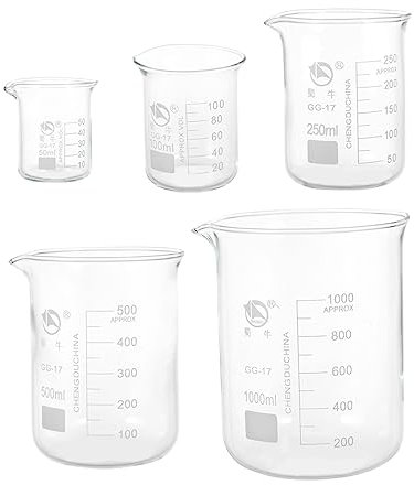 GLEAVI Set De 5 Tazas Medidoras De Vidrio Transparente De Borosilicato Resistente Al Calor Escala Fácil De Leer, Capacidad Variada (50ml, 100ml, 250ml, 500ml, 1000ml) Para Laboratorio y Uso Escolar