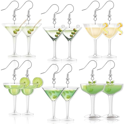 Nosiny 6 Pairs Acrylic Drop Dangle Jewelry Pickle Earrings Martini Earrings 6 Styles Lifelike Dill Cucumber Cocktail Cups Funny Cute Weird Jewelry for Women Pickle Tini Bar Party