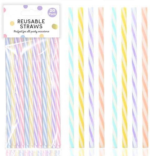 20 Reusable Pastel Plastic Straws 19cm - Drinking for Smoothies, Juice, Cocktails, 4 Pastel Colours, Great for Parties and All Occassions, Multicoloured, 7mm Diameter