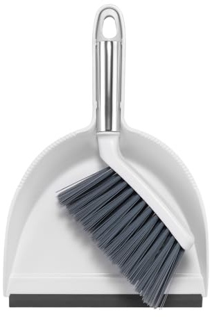 NACENA Mini Broom and Dustpan Set,White & Gray | Thick Bristle Design,Comfortable Handle,Silicone Sealed Dustpan,Save Space,Hidden Hanging Hole
