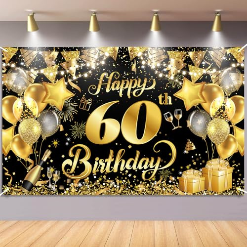 60.Geburtstag Banner Schwarz Gold, Waylipun Geburtstag Party Dekorationen, Geburtstagsbanner Hintergrund Banner für Frau Mann, 180×110cm