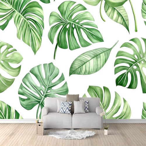 Watercolor Tropical Leaves Palm Trees Monstera Photo Wallpaper 300 x 210 cm Non-Woven Wall Photo Art Wall Posters Wall Mural for Living Room Tv Sofa Theme Hotel Corridor Background Wall Painting