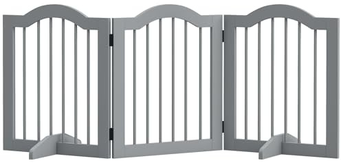 PawHut Absperrgitter Hund Faltbar Freistehend 154,5 x 61 cm Hellgrau | 3-Teilig, Hundegitter mit Tür, Türschutzgitter mit 2 Stützfüßen, Treppengitter für Küche, Flur