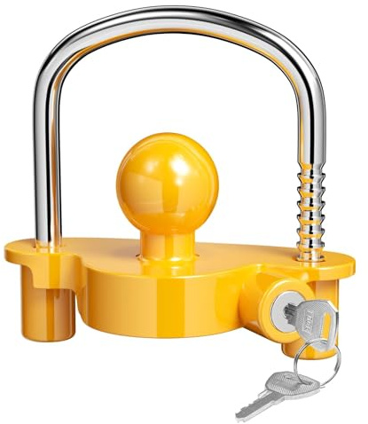 Pryzmax Anhängerschloss für gängige Anhängerkupplung, Anhänger Schloss, Diebstahlsicherung, Deichselschloss Wohnwagen, Diebstahlschutz Anhänger-Sicherung, Anhängerschlösser mit 2 Schlüssel, gelb