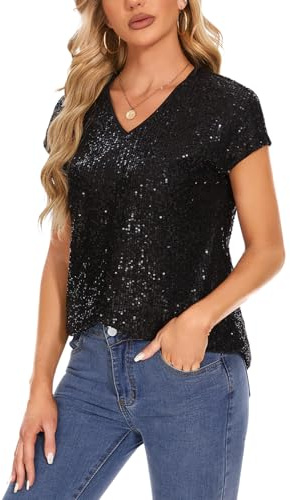 Kyzoeyou Damen Pailletten Glitzer Tops Oberteil Kurzarm V-Ausschnitt T-Shirt Bluse Cap Ärmel Freizeit Party Festival Club