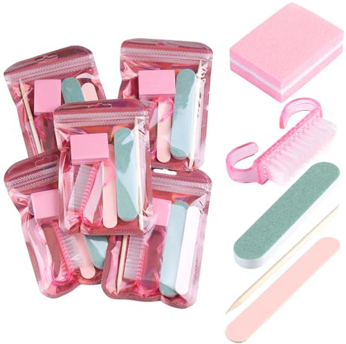 Fcozpjk Disposable Manicure Kit Basics 5PCS Nail Kit, Mini Nail Files Buffers Bulk Handle Grip Brush Orange Wood Stick Individually-Packed Pedicure Set for Fingernails Toenails Salon Supplies 5 Packs