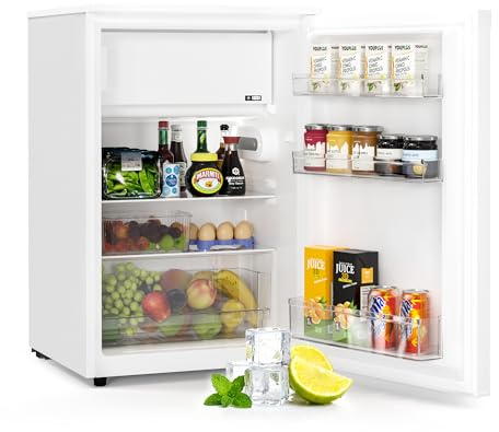 Upstreman115L Frigorifero Piccolo con Freezer, Controllo Elettronico, Luci a LED, Silenzioso, Porta Reversibile, Classe Energetica D, Frigo Piccolo per Ufficio,Camera, Bianco, CR115