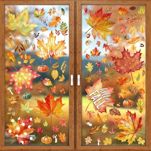 Fall Leaves Window Clings for Glass Windows, 107Pcs Maple Leaves Window Decals Stickers Hello Fall Decorations for Office Home Classroom Autumn Windows Decorations