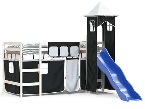 Eleganz Kinderhochbett mit Turm – Weiß & Schwarz 90x190 cm aus Kiefernholz | Langlebiges Spielbett mit Rutsche & Stauraum | Sicher & Strapazierfähig für Kinderzimmer