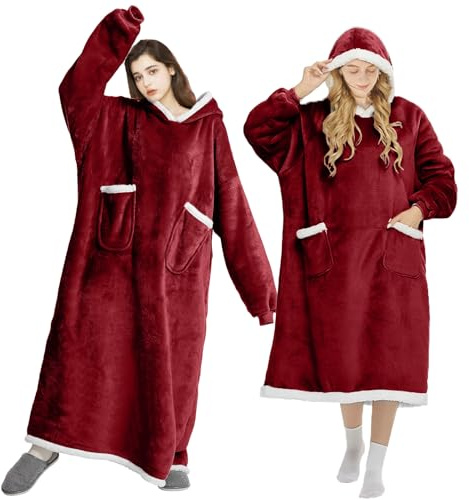 FEELJAM Coperta con maniche donna Coperta con cappuccio da uomo Coperta accogliente con maniche Per coperta TV per adulti (Rosso, 180 di lunghezza)