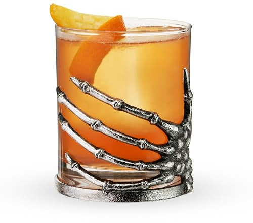 Twine Skeleton Hand Cocktail Tumbler, Gothic Whiskey Glass with Metal Skeleton Wrap, Spooky Halloween Barware for Bourbon, Cocktails & More, 10 oz., Set of 1