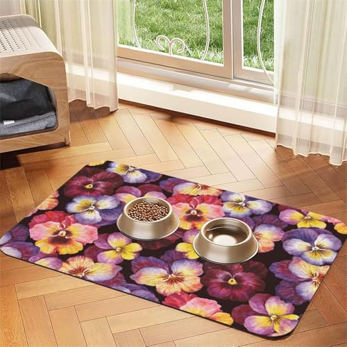 Aquarell Stiefmütterchen Blumen，Futtermatte für Haustiere, Tischsets aus PU-Leder für Katzen und Hunde,30x45cm