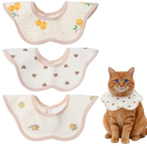KFHENSOMR 3Pcs Cat Collar Adjustable Kitten Collar Bandana with Cute Pattern 100% Cotton Pet Scarf Cute Breakaway No Bell Outfits Cat Collars for Girl Boy Cats and Small Pet (Beige)