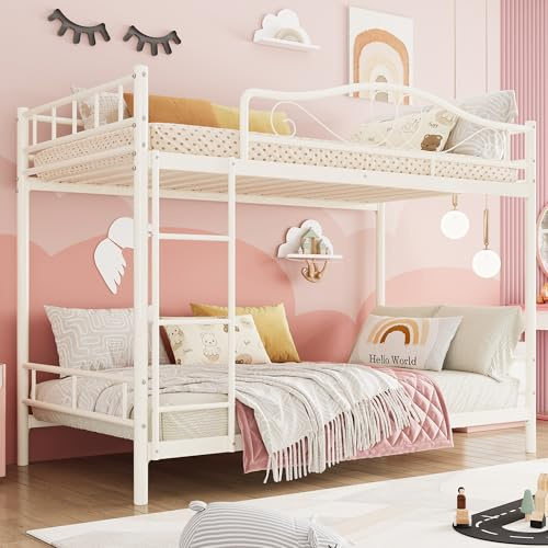 IDEALHOUSE Bunk Bed Twin Over Twin with Ladder & Full Safety Guardrail | White metal Twin Over Twin Bunk Bed supports 400 Lbs, Space-Saving, Noise Free, No Box Spring Needed, Easy Assembly