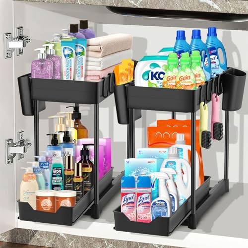 Rangement sous Evier 2 étages,Organisateur sous Evier Tiroir Coulissant à Extraction,étagère de cuisine, étagère à épices, Panier de rangement multifonction pour salle de bain–Noir,2PCS