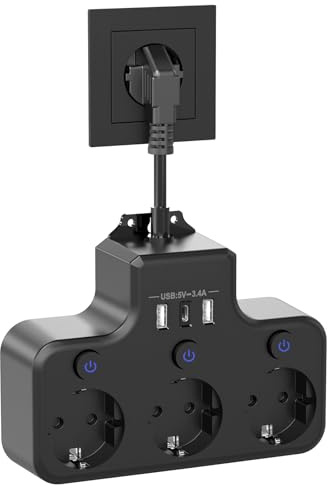 Steckdosenleiste mit USB C, Doppelstecker für Steckdose 3 Fach und 3 USB, 6 in 1 Steckdosenadapter, Verteilersteckdose Steckerleiste Mit Kabel