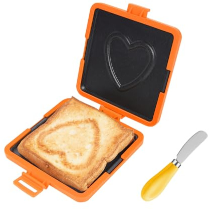 Yumzxin Microwave Toastie Maker with Butter Knife - Panini Grill and Sandwich Press, No Electricity Needed, Dishwasher Safe, Portable for Home & Office, Travel Friendly (Orange heart shape)