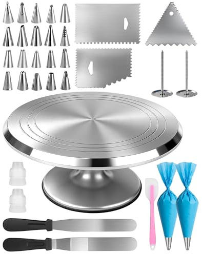 Tortenplatte Drehbar 30 cm aus Aluminium Tortenteller drehbar Torten Drehteller Kuchen Drehplatte drehbarer Tortenteller Kuchenplatte drehbar Torten Zubehör Set, für Anfänger Tortendeko Geschenk