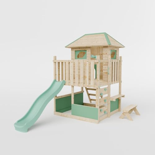 Waltons Wooden Outdoor Kids LittleSummit Large Tower Playhouse & Toddler-Friendly Features | Pressure-Treated Timber Garden Playset for Children | Handmade in the UK