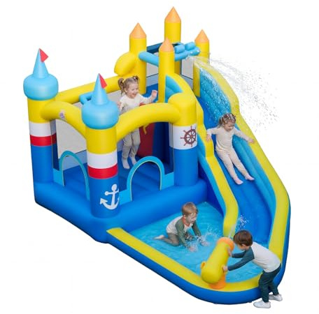COSTWAY Inflatable Water Park, Kids Bouncy Castle with Slide, Splash Pool, Water Cannon, Climbing Wall, Ocean Balls & Basketball Hoop, Outdoor Blow Up Bounce House for 3-12 Years Old (without Blower)