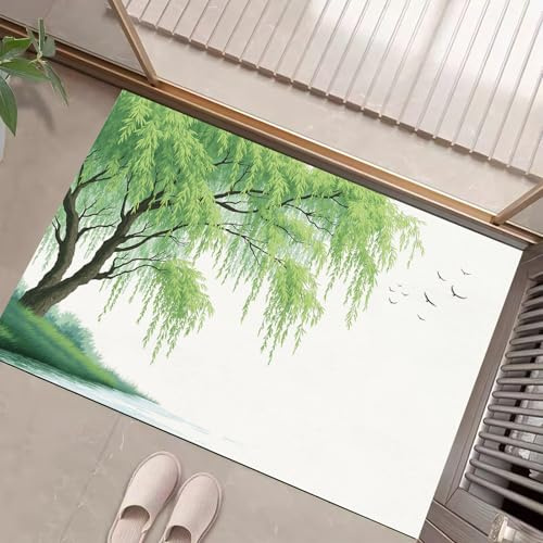 Tappeto Ingresso Interno Stile Di Pittura A Inchiostro Salici E Uccelli 80 x 120 cm Assorbente Tappeto Cucina Antiscivolo Lavabile in Lavatrice Passatoia Corridoio Basso Profilo Zerbino Verde