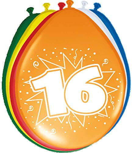 Folat 08216 Geburtstag Ballons 30 cm-8 Stück, Mehrfarbig, Zahl 16