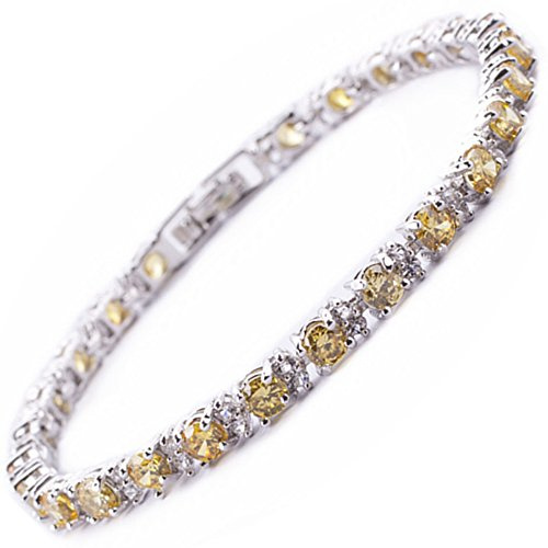 RIZILIA Ewigkeit Tennis Armband [18cm/7inch] mit Rundschliff Edelstein Zirkonia CZ [Gelb Citrin] in 18K Weißgold Vergoldet, Einfache Moderne Eleganz