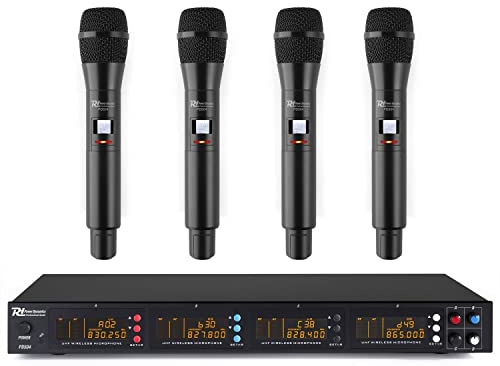 Power Dynamics PD504B UHF Set de 4 micrófonos de Mano inalámbricos, Receptor con Pantalla Digital y Salida balanceadas Individuales sin interferencias, Sistema UHF, Incluye Maleta de Transporte