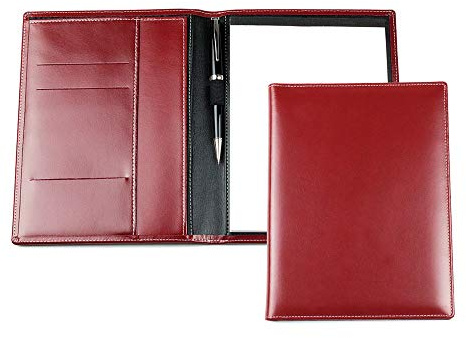 DELMON VARONE - Personalisierbare Schreibmappe DIN A5 aus Cambridge Top Grain Leder rot, Organizer Konferenzmappe mit Notizblock, Stiftschlaufe & Einsteckfächer, Elegante Business Dokumentenmappe