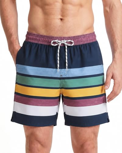 maamgic Shorts de Baño para Hombre Shorts de Playa Traje de Bañode Secado Rápido para Vacaciones Diseño a Rayas,Rayas Azul Marino L