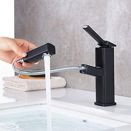 KAIYING Bathroom Sink Faucet with Pull Out Sprayer, Single Handle Basin Mixer Tap for Hot and Cold Water, Lavatory Pull Down Sink Faucet with Rotating Spout (Regular, Black)