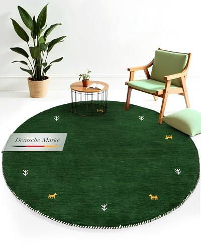 carpetfine Wollteppich Gabbeh Uni Rund Grün Ø 80 | Moderner Teppich für Wohn- und Schlafzimmer
