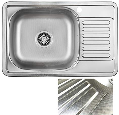 VBChome Inbyggd diskbänk 66 x 42 linnestruktur rostfritt stål diskbänk diskbänk förvaring yta dränering höger fyrkantig camping avloppssats sifon
