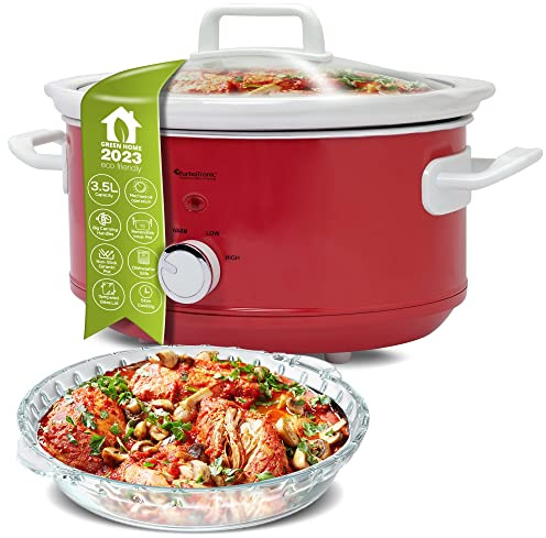 TurboTronic/Slow Cooker / 3,5 L/rot/weiß, hellblau/weiß, schwarz/Schongarer mit Warmhaltefunktion, Dampfgarer, Schmortopf, Gartopf, Sous Vide Garer, Retro-Look (Red)