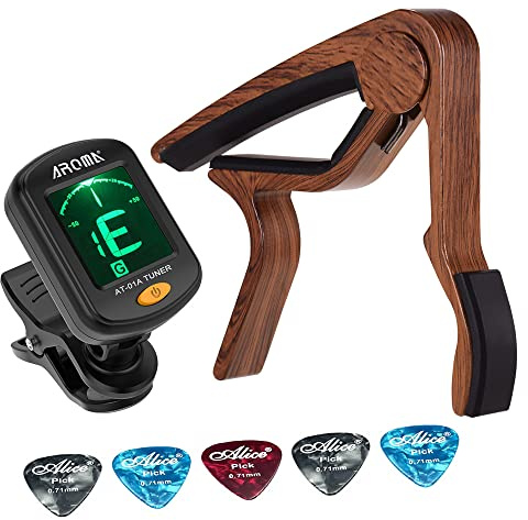 Heysland Guitar Tuner Clip-on LCD Display Tuner Guitar Capo with Rosewood Finish Capo 5 PCS Celluloid Picks for Acoustic Electric Guitar Chromatic