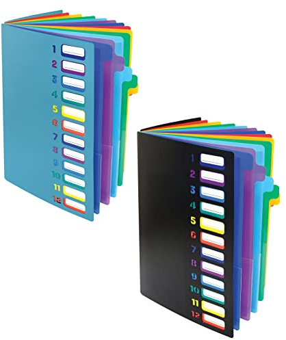 Better Office Products 24 Clear Pocket Expanding File Folder with 12 Colored Tabs, Letter Size, Holds 300 Sheets, Project File Organizer, Numbered Index on Cover,(2 Pack Black & Blue)