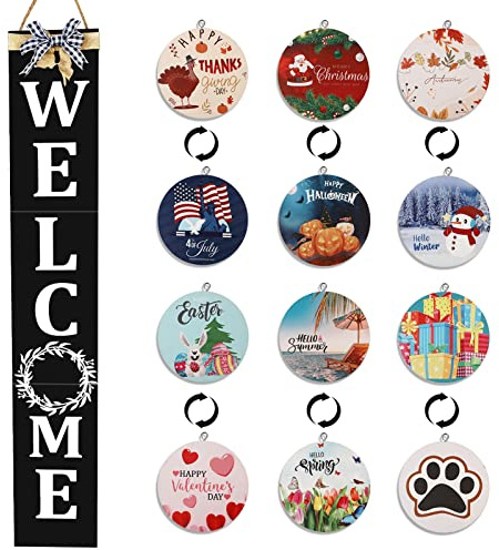 ECOGREDA Welcome Sign for Front Porch– 47inch with 12 Wooden Interchangeable Vertical Home Wall Decor(6 double sided disks), Standing and Hanging Farmhouse Outdoor Indoor Decor Welcome Door Sign for